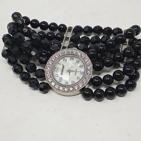 Avenue Womens Black 4 Strand Bead Bracelet Watch Mother of Pearl Face - Picture 2 of 10